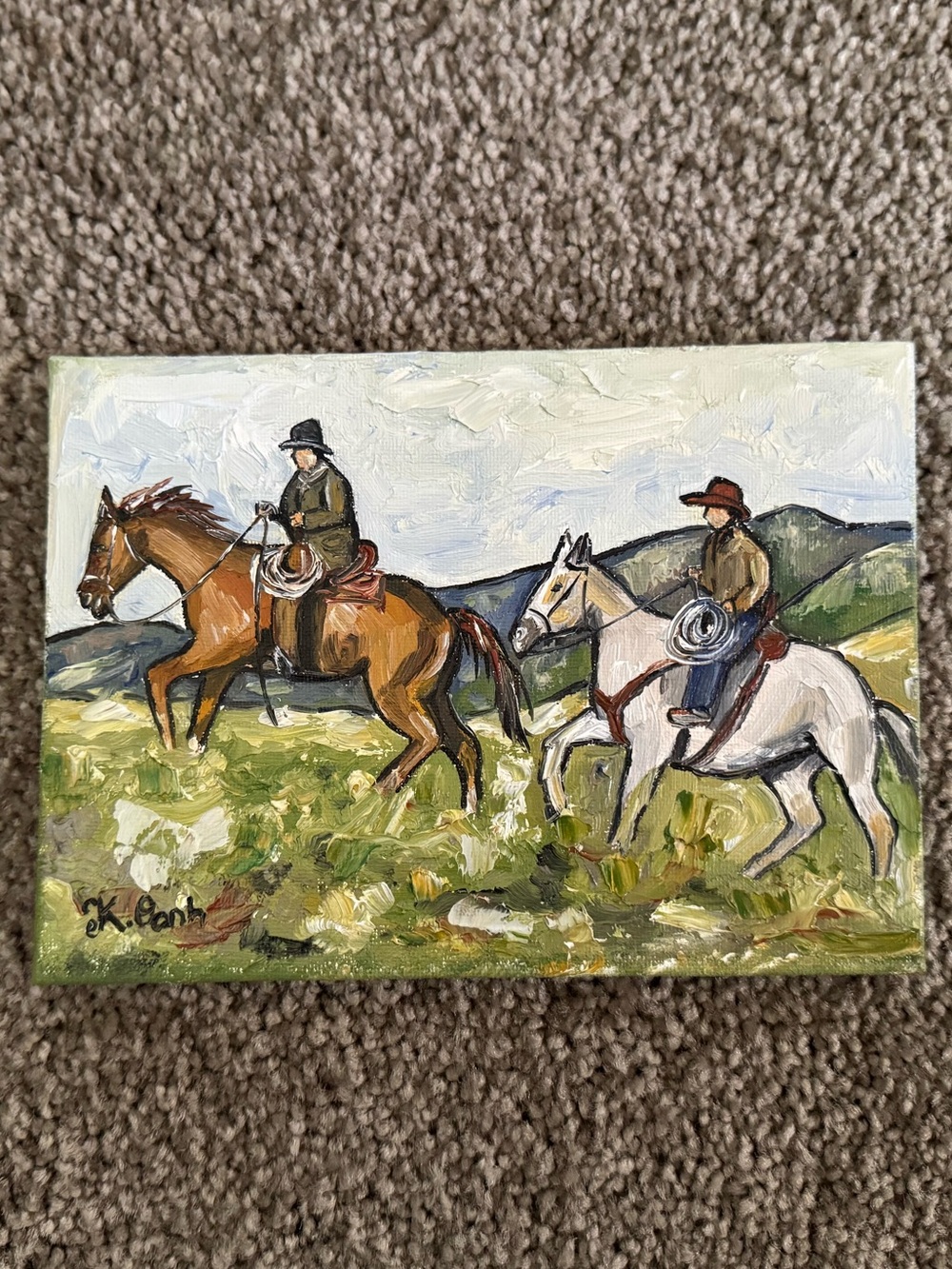 Original oil painting western cowboys horses landscape canvas signed 5x7 inches